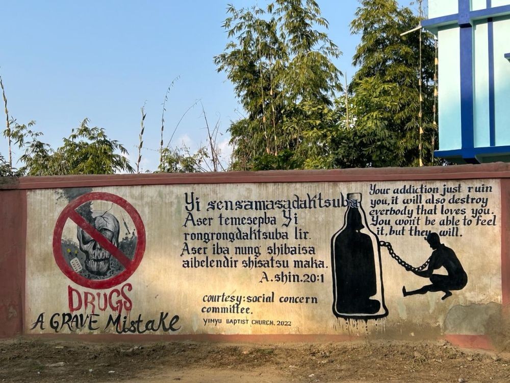 A mural painted by the Social Concern Committee of Yimyu Baptist Church, Mokokchung at Yimyu ward, depicting the ills of drug and alcohol abuse. (Morung Photo)